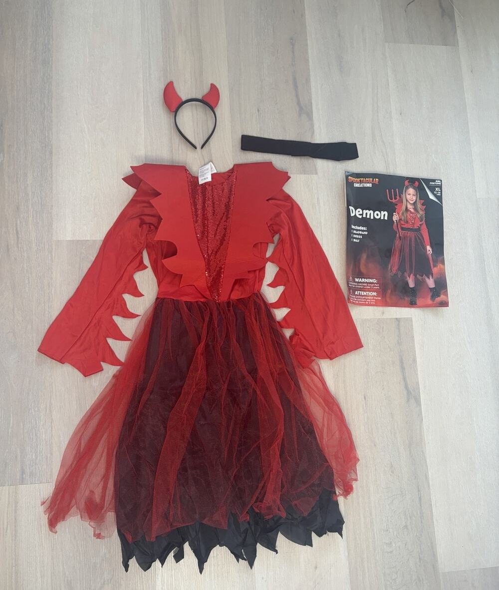 Spooktacular Creations Demon Girl Costume XL 12-14 Halloween Devil Dress Horns